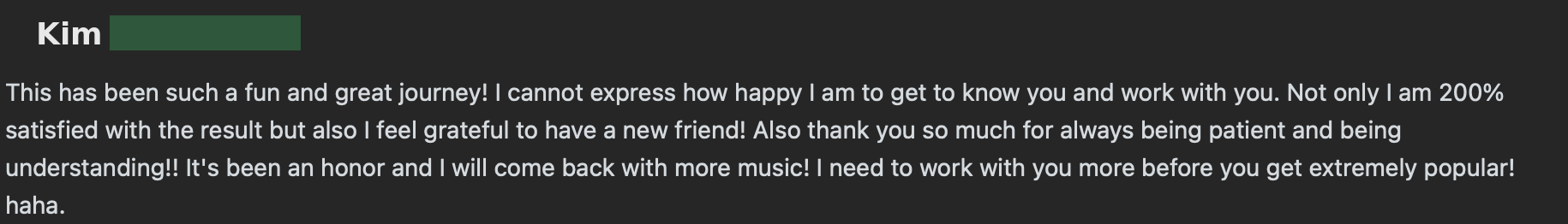 Client message about a fun and great mixing journey