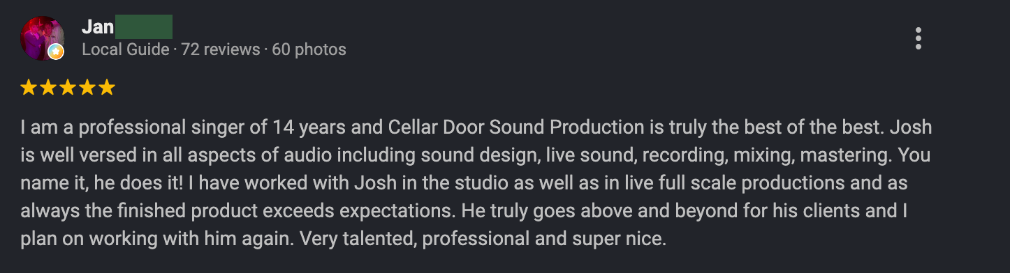 Five star review from a professional singer