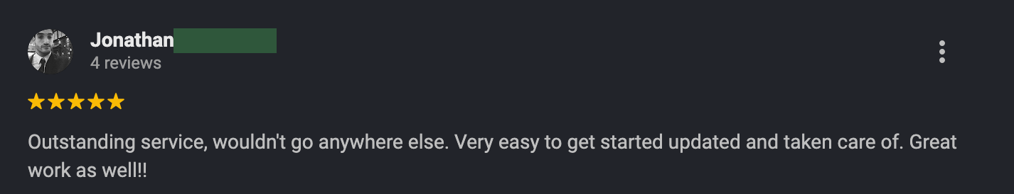 Five star review praising outstanding service